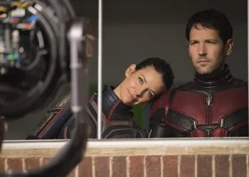 Marvel Studios ANT-MAN AND THE WASPL to R: The Wasp/Hope van Dyne (Evangeline Lilly) and Ant-Man/Scott Lang (Paul Rudd)  BTS on set.  Photo: Ben Rothstein©Marvel Studios 2018